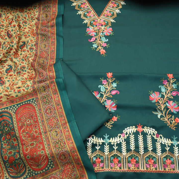 Suhani Sacramento Green Elegant Kashida Embroidery Semi Pashmina Winter Set