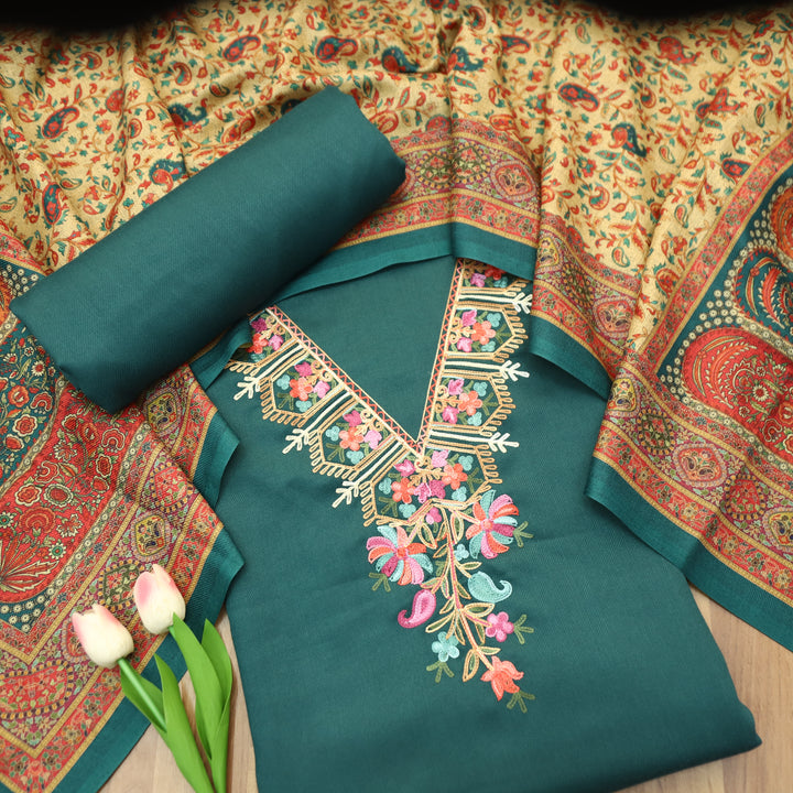 Suhani Sacramento Green Elegant Kashida Embroidery Semi Pashmina Winter Set