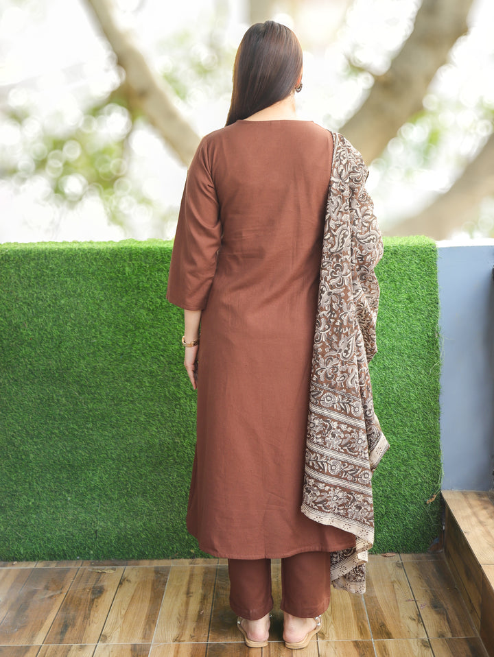 Sundari Dark Brown Mirror and Pintuck Angrakha Neck with Knot Cotton 3 Piece Set