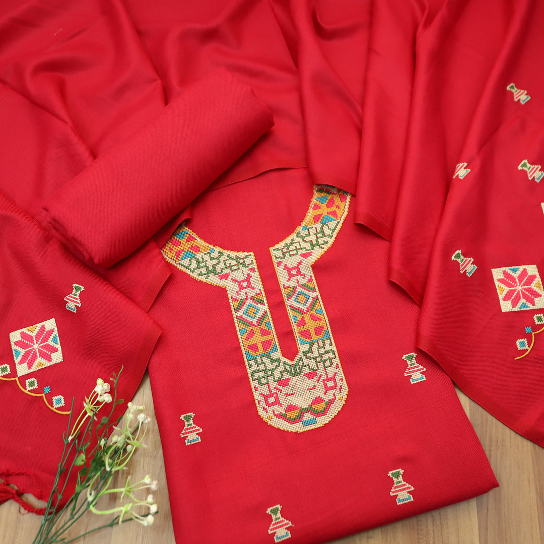 Shanya Rani Pink Cross-Stitch Embroidery Semi Pasmina Winter Set