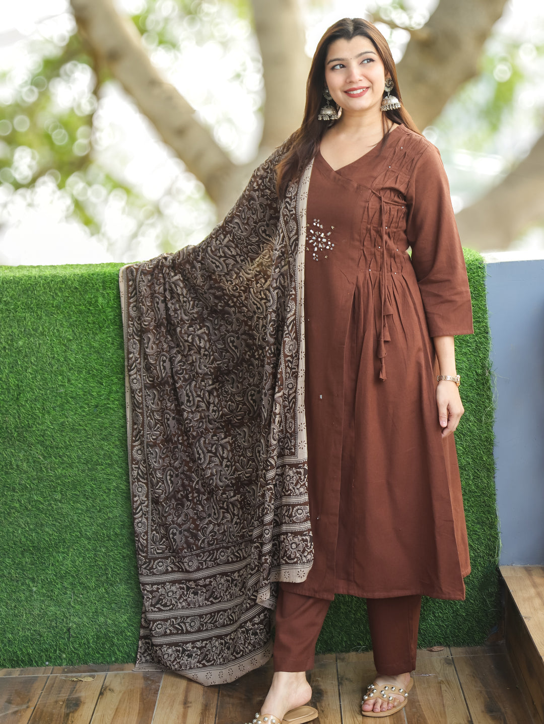 Sundari Dark Brown Mirror and Pintuck Angrakha Neck with Knot Cotton 3 Piece Set