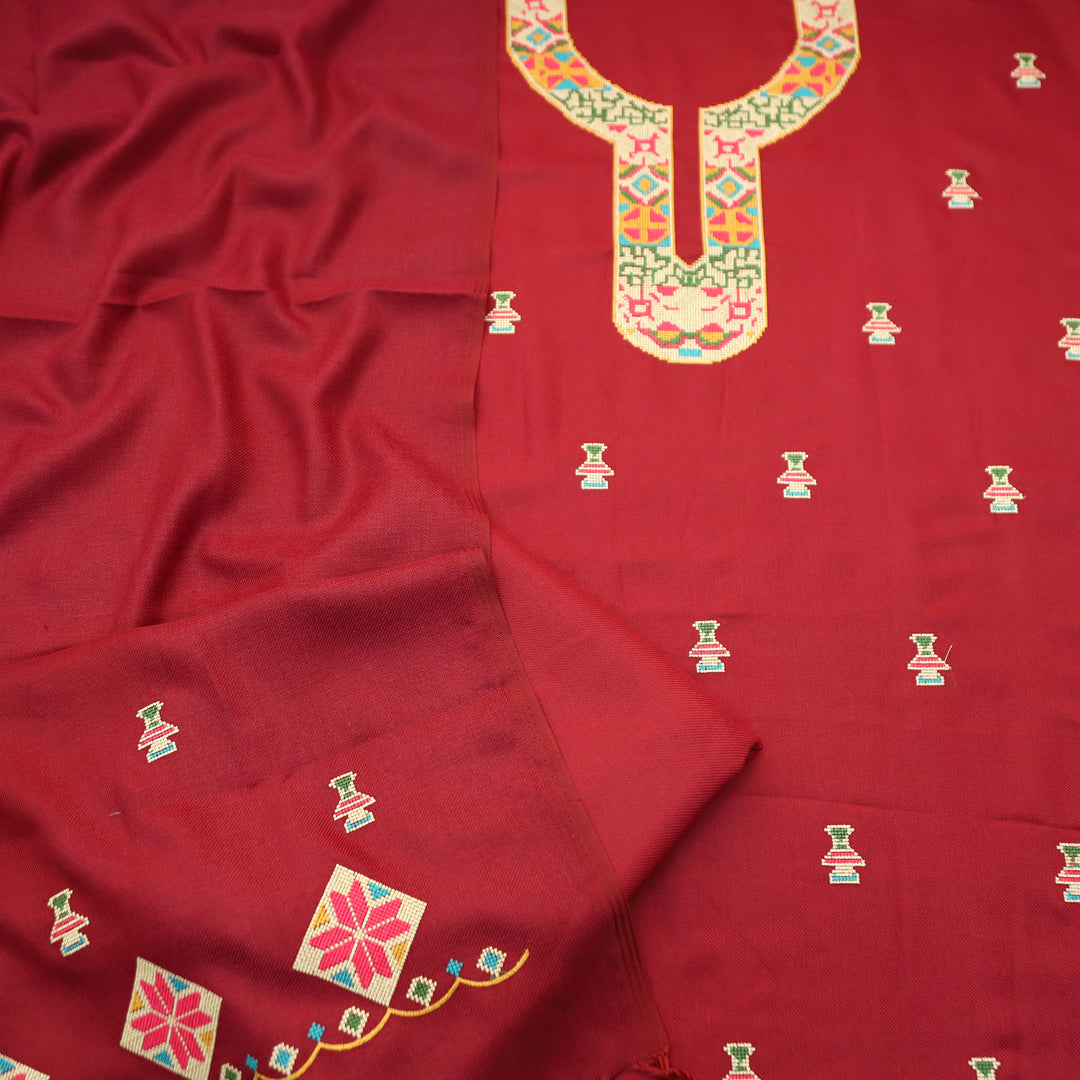 Shanya Burgundy Red Cross-Stitch Embroidery Semi Pasmina Winter Set