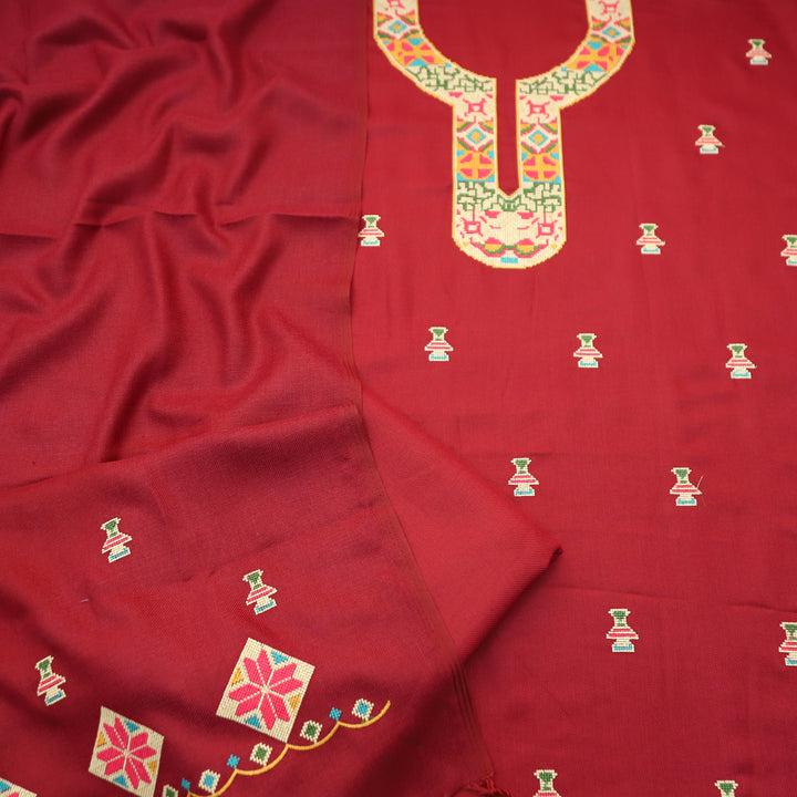 Shanya Burgundy Red Cross-Stitch Embroidery Semi Pasmina Winter Set