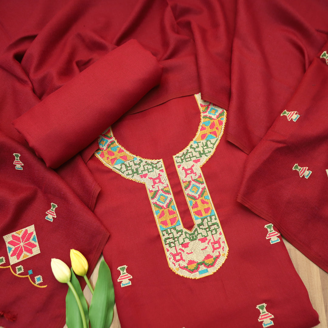 Shanya Burgundy Red Cross-Stitch Embroidery Semi Pasmina Winter Set