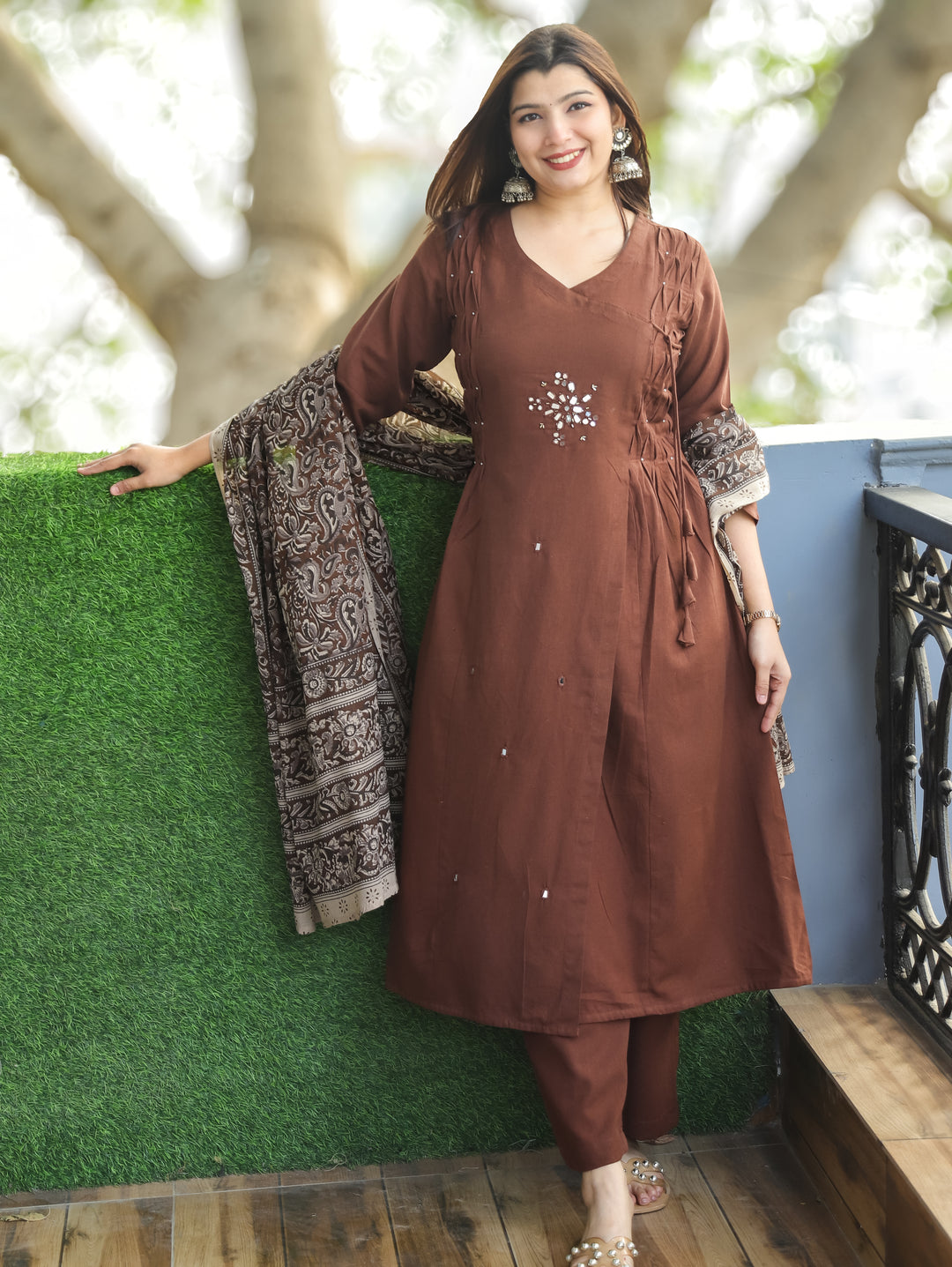 Sundari Dark Brown Mirror and Pintuck Angrakha Neck with Knot Cotton 3 Piece Set