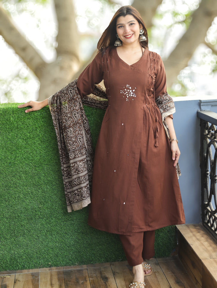 Sundari Dark Brown Mirror and Pintuck Angrakha Neck with Knot Cotton 3 Piece Set