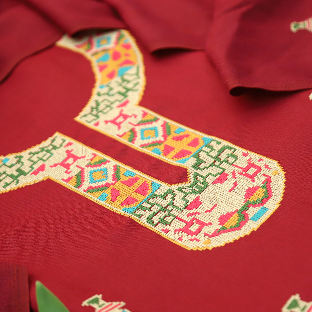 Shanya Burgundy Red Cross-Stitch Embroidery Semi Pasmina Winter Set