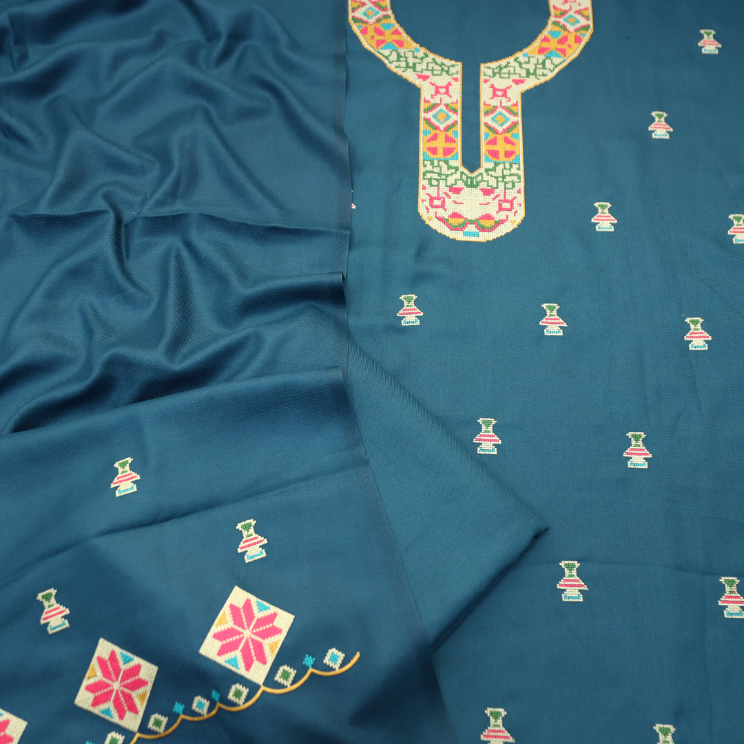 Shanya Sapphre Blue Cross-Stitch Embroidery Semi Pasmina Winter Set