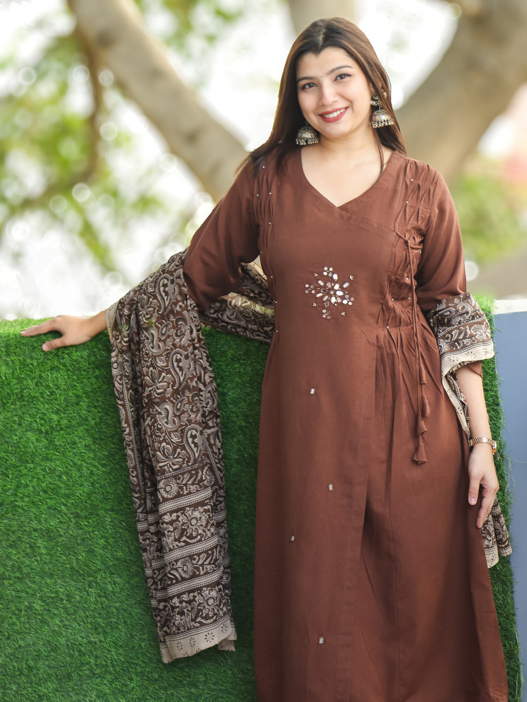 Sundari Dark Brown Mirror and Pintuck Angrakha Neck with Knot Cotton 3 Piece Set