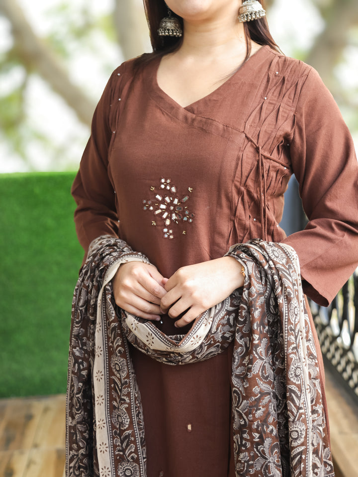 Sundari Dark Brown Mirror and Pintuck Angrakha Neck with Knot Cotton 3 Piece Set
