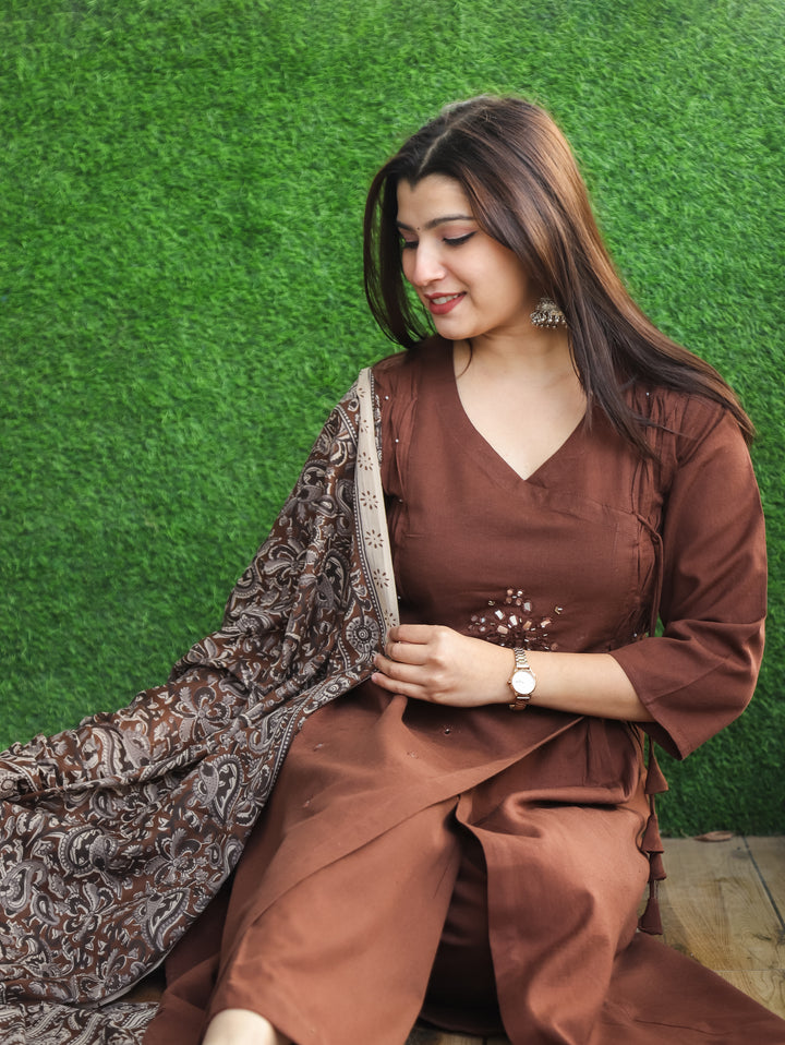 Sundari Dark Brown Mirror and Pintuck Angrakha Neck with Knot Cotton 3 Piece Set