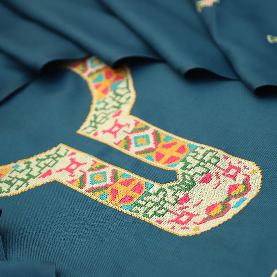 Shanya Sapphre Blue Cross-Stitch Embroidery Semi Pasmina Winter Set
