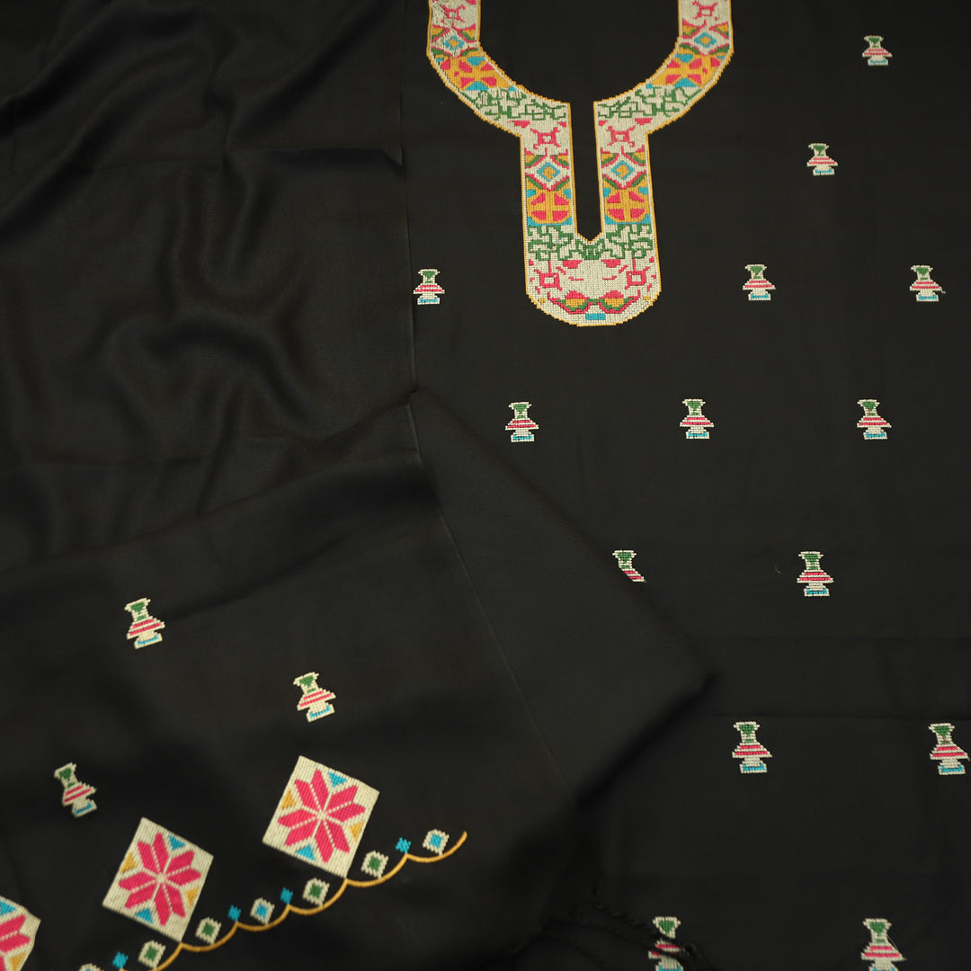 Shanya Ebony Black Cross-Stitch Embroidery Semi Pasmina Winter Set