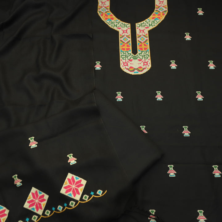 Shanya Ebony Black Cross-Stitch Embroidery Semi Pasmina Winter Set