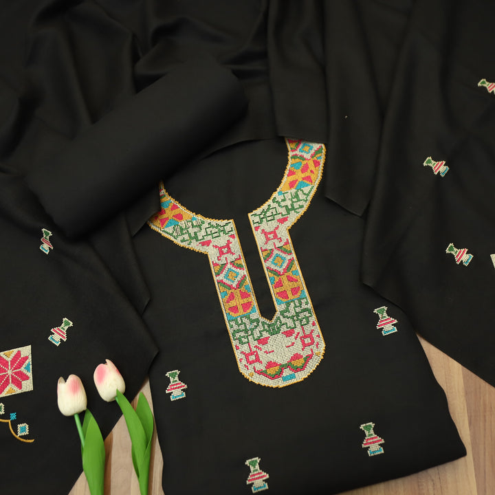 Shanya Ebony Black Cross-Stitch Embroidery Semi Pasmina Winter Set