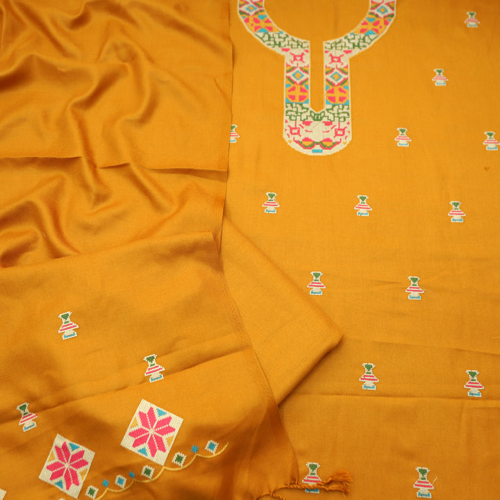 Shanya Turmeric Yellow Cross-Stitch Embroidery Semi Pasmina Winter Set