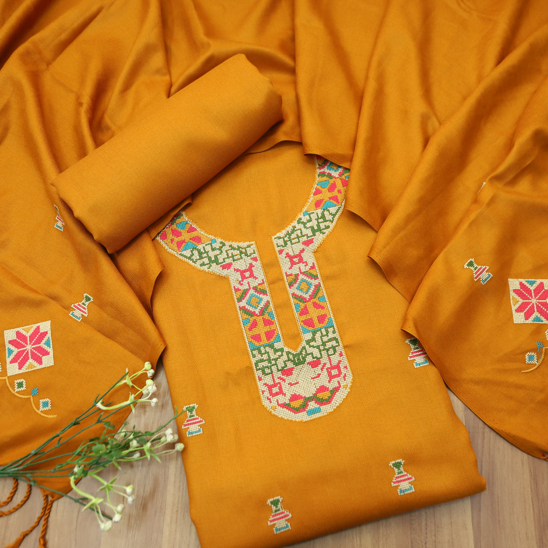Shanya Turmeric Yellow Cross-Stitch Embroidery Semi Pasmina Winter Set