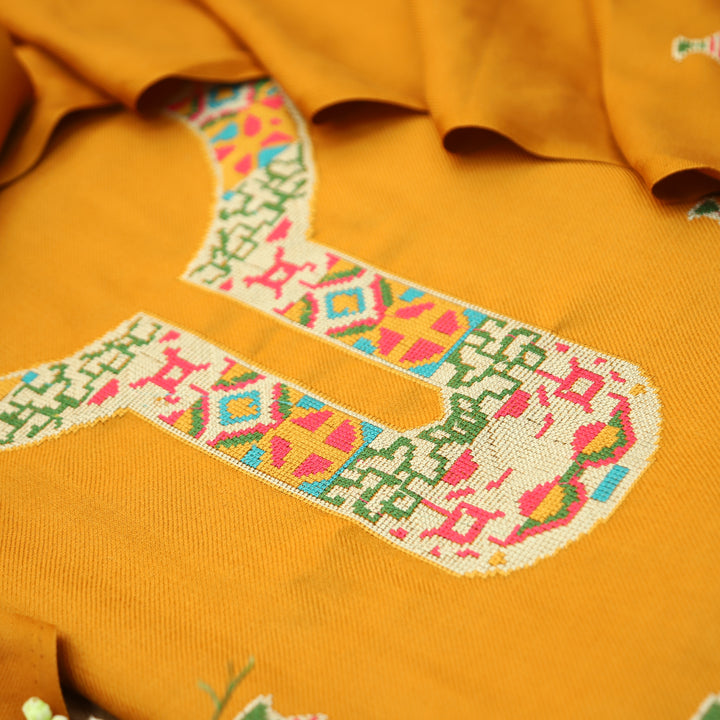 Shanya Turmeric Yellow Cross-Stitch Embroidery Semi Pasmina Winter Set