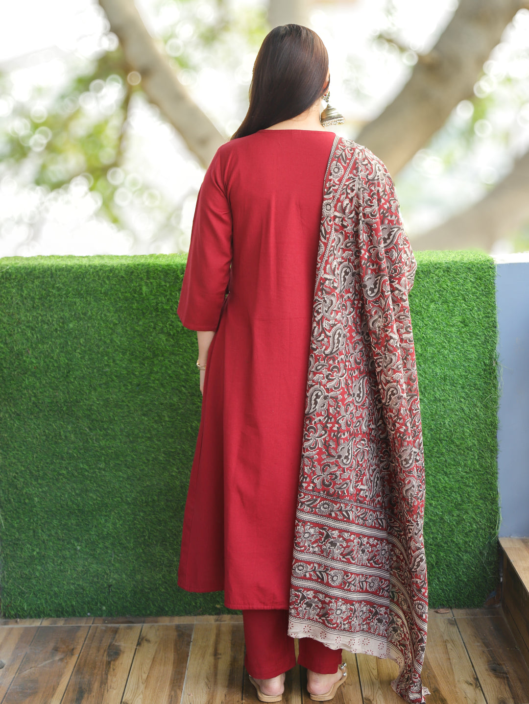 Sundari Kumkum Red Mirror and Pintuck Angrakha Neck with Knot Cotton 3 Piece Set