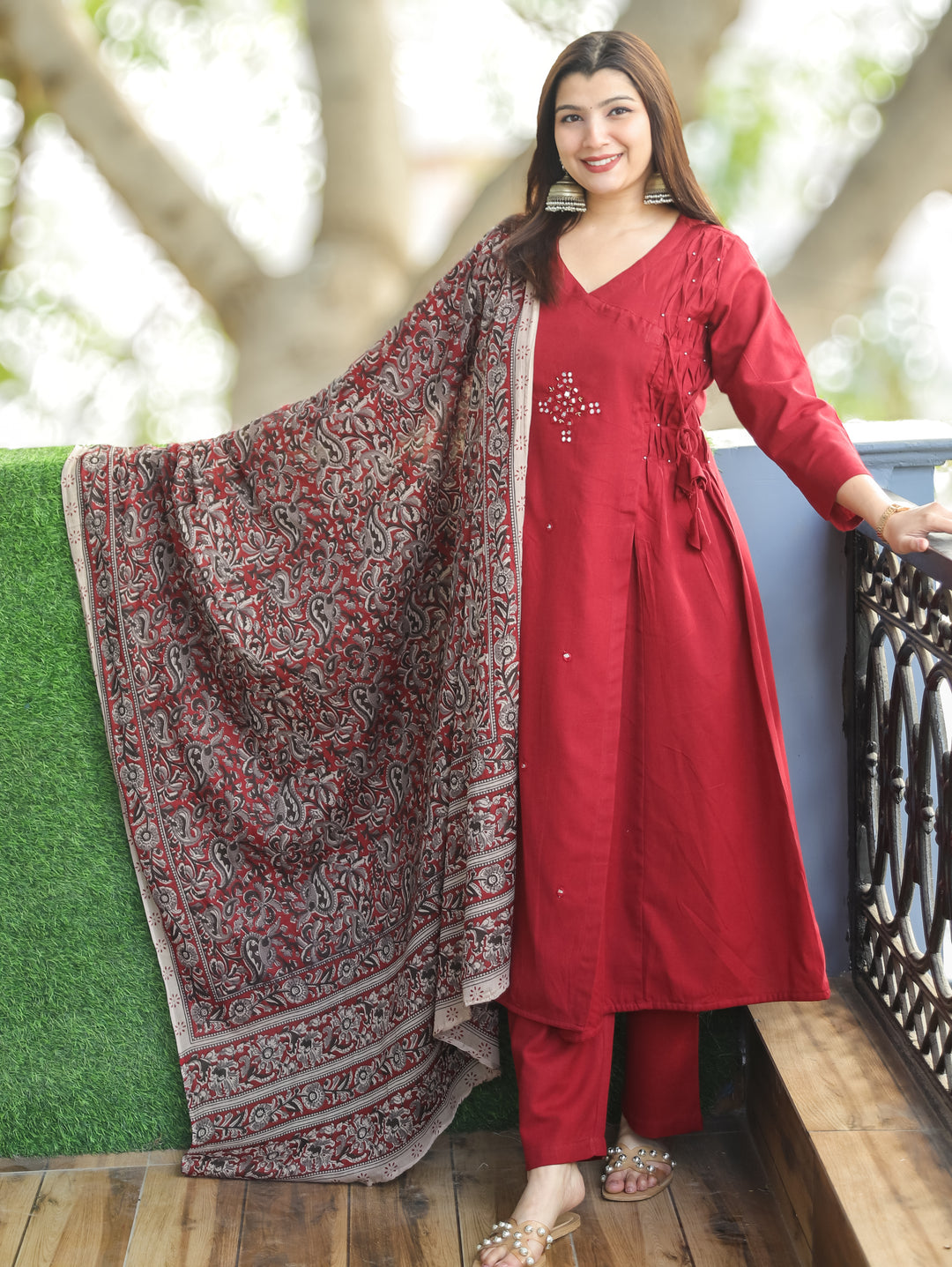 Sundari Kumkum Red Mirror and Pintuck Angrakha Neck with Knot Cotton 3 Piece Set