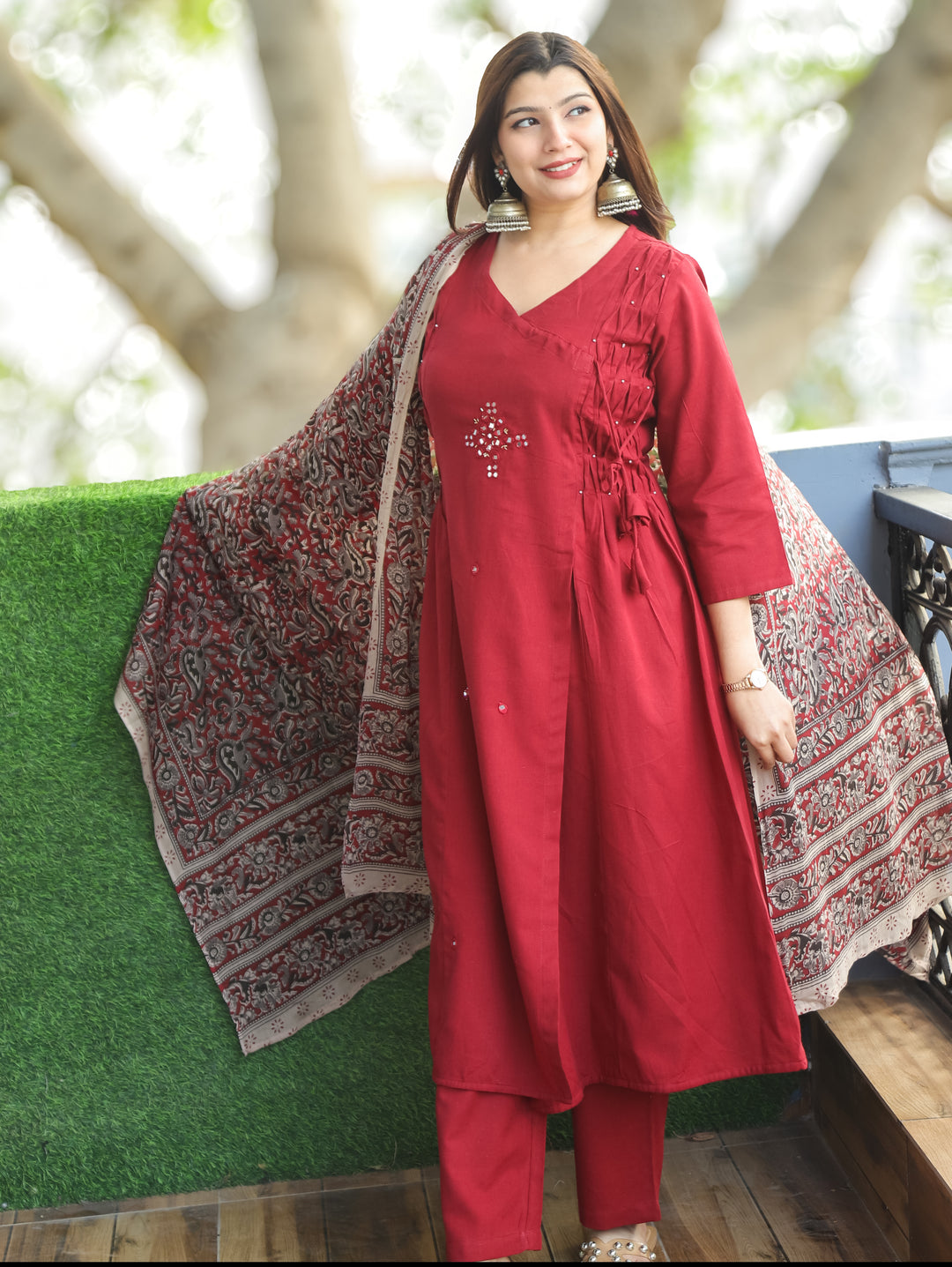 Sundari Kumkum Red Mirror and Pintuck Angrakha Neck with Knot Cotton 3 Piece Set