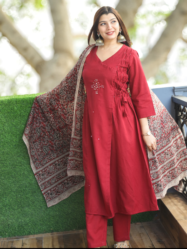 Sundari Kumkum Red Mirror and Pintuck Angrakha Neck with Knot Cotton 3 Piece Set