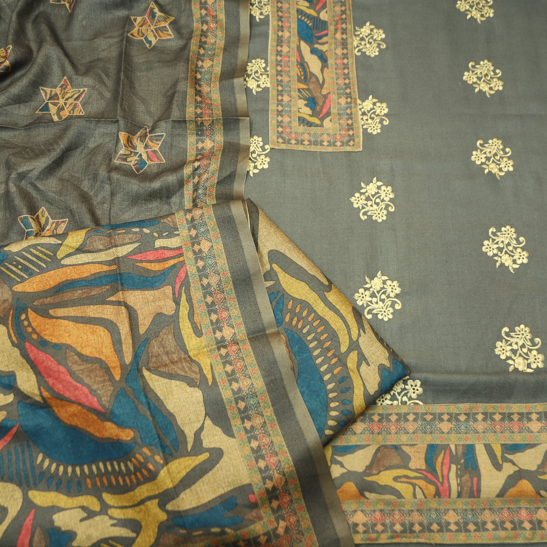 Anuja Fossil Grey Print Patch in Floral Embroidery Semi Pasmina Winter Set