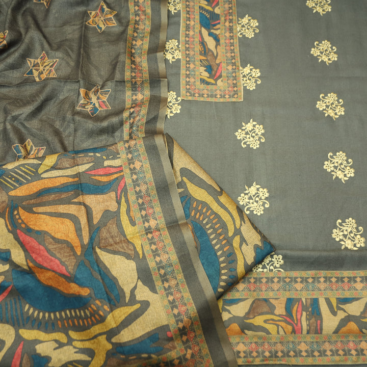 Anuja Fossil Grey Print Patch in Floral Embroidery Semi Pasmina Winter Set