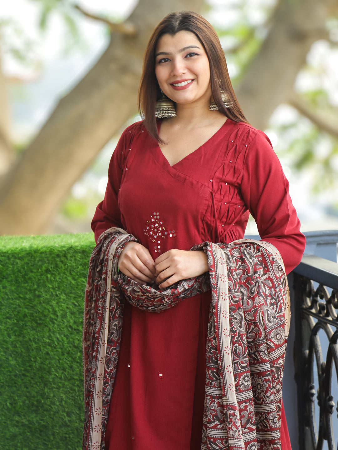 Sundari Kumkum Red Mirror and Pintuck Angrakha Neck with Knot Cotton 3 Piece Set