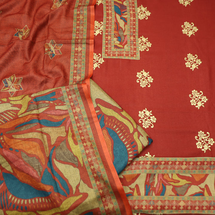 Anuja Brick Maroon Print Patch in Floral Embroidery Semi Pasmina Winter Set