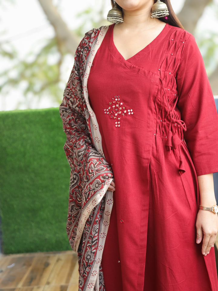 Sundari Kumkum Red Mirror and Pintuck Angrakha Neck with Knot Cotton 3 Piece Set