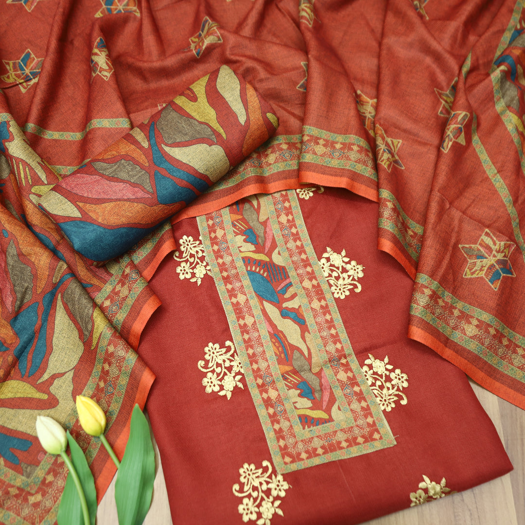 Anuja Brick Maroon Print Patch in Floral Embroidery Semi Pasmina Winter Set
