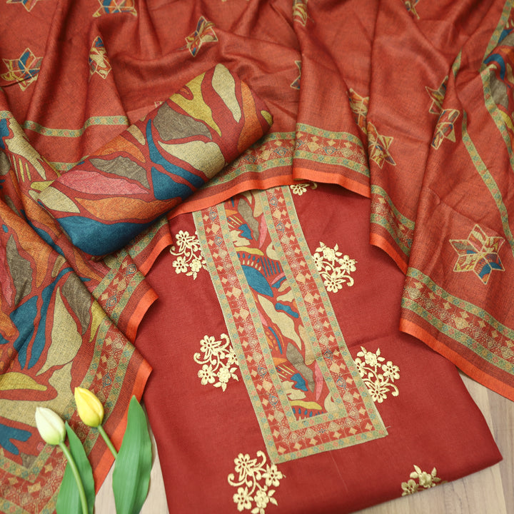 Anuja Brick Maroon Print Patch in Floral Embroidery Semi Pasmina Winter Set