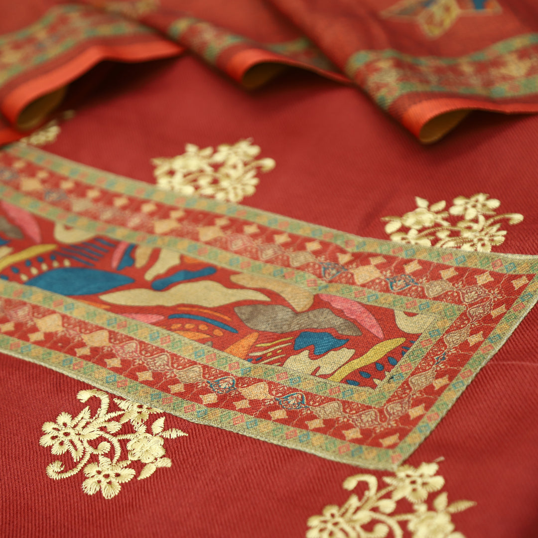 Anuja Brick Maroon Print Patch in Floral Embroidery Semi Pasmina Winter Set