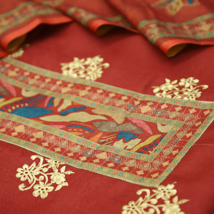 Anuja Brick Maroon Print Patch in Floral Embroidery Semi Pasmina Winter Set