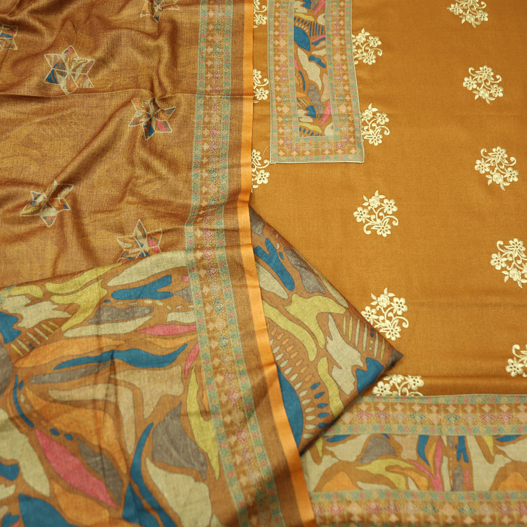 Anuja Dijon Yellow Print Patch in Floral Embroidery Semi Pasmina Winter Set
