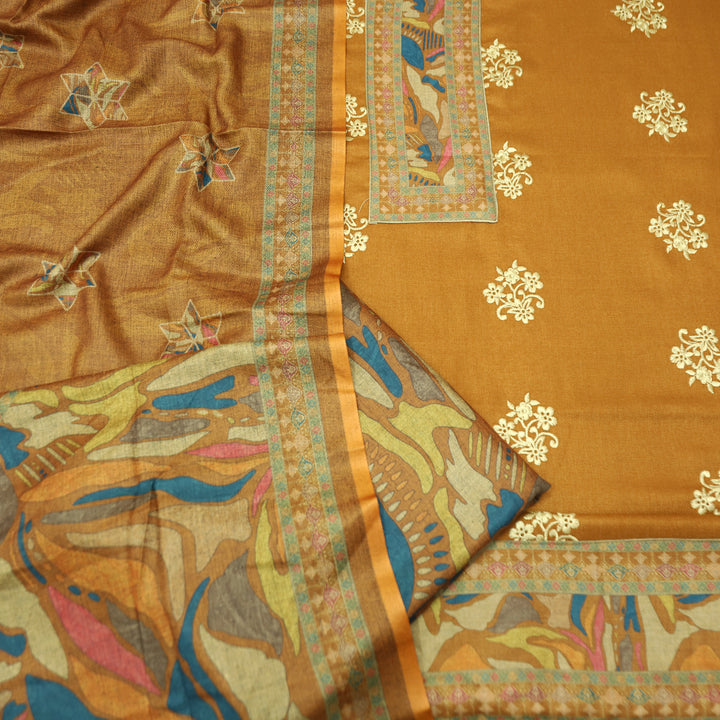 Anuja Dijon Yellow Print Patch in Floral Embroidery Semi Pasmina Winter Set