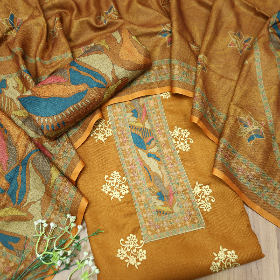 Anuja Dijon Yellow Print Patch in Floral Embroidery Semi Pasmina Winter Set