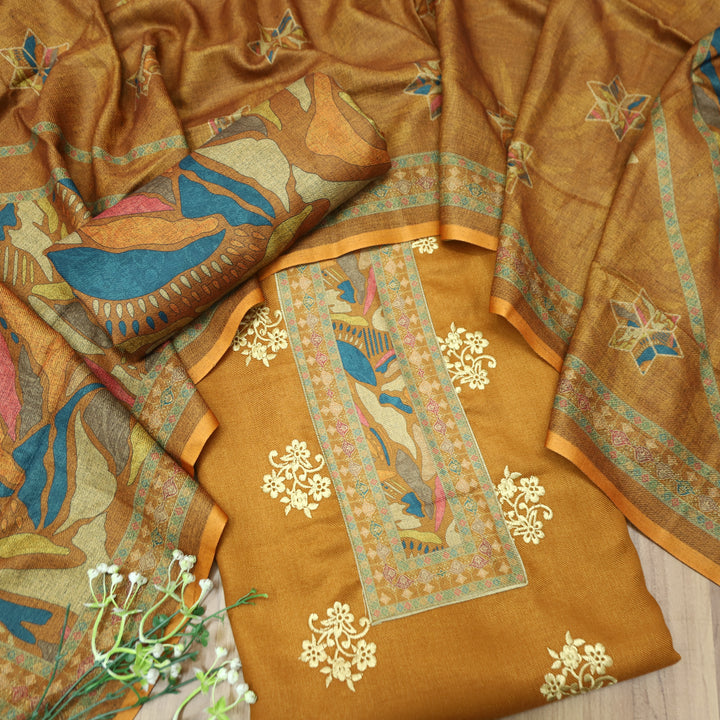 Anuja Dijon Yellow Print Patch in Floral Embroidery Semi Pasmina Winter Set