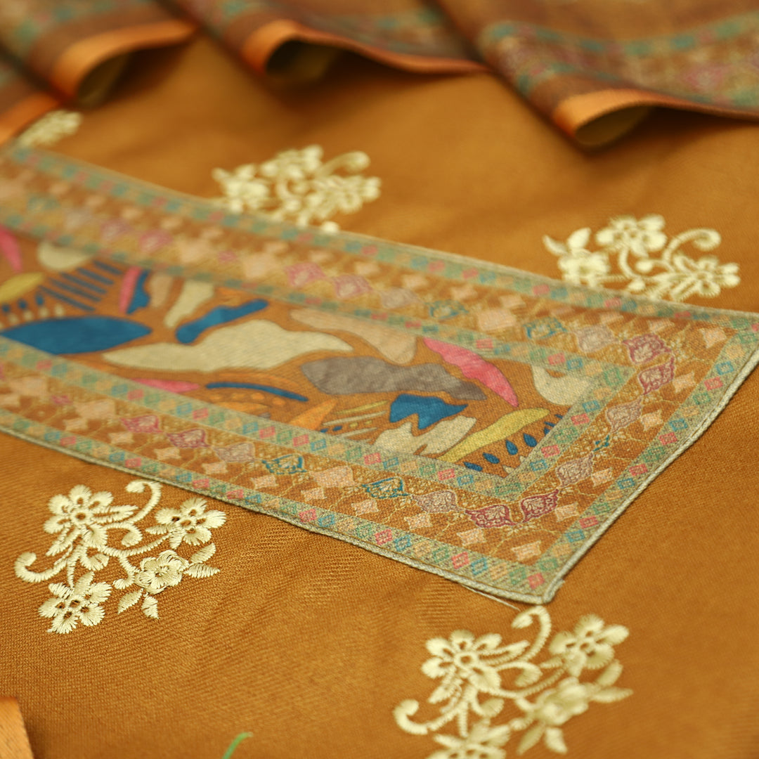 Anuja Dijon Yellow Print Patch in Floral Embroidery Semi Pasmina Winter Set