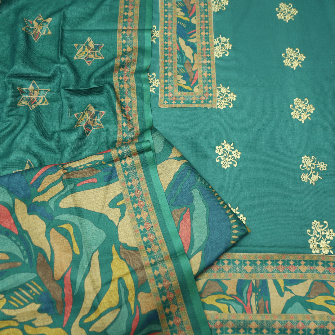 Anuja Cerulean Teal Print Patch in Floral Embroidery Semi Pasmina Winter Set