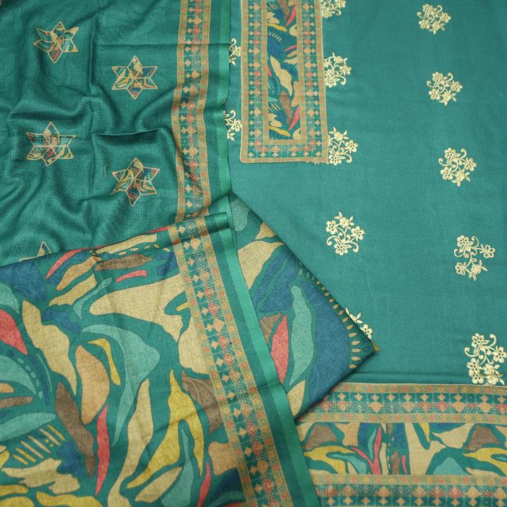 Anuja Cerulean Teal Print Patch in Floral Embroidery Semi Pasmina Winter Set