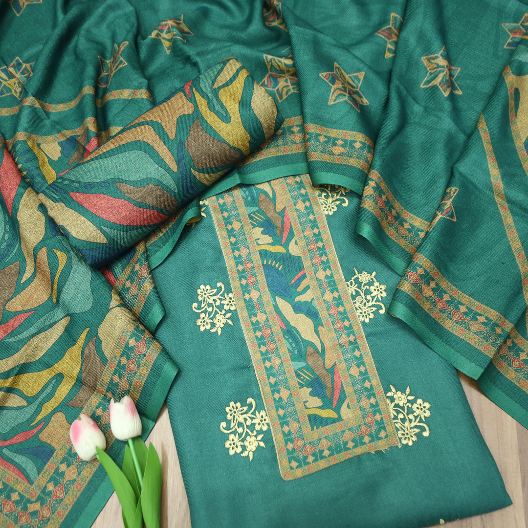 Anuja Cerulean Teal Print Patch in Floral Embroidery Semi Pasmina Winter Set