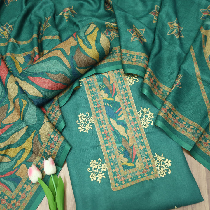 Anuja Cerulean Teal Print Patch in Floral Embroidery Semi Pasmina Winter Set