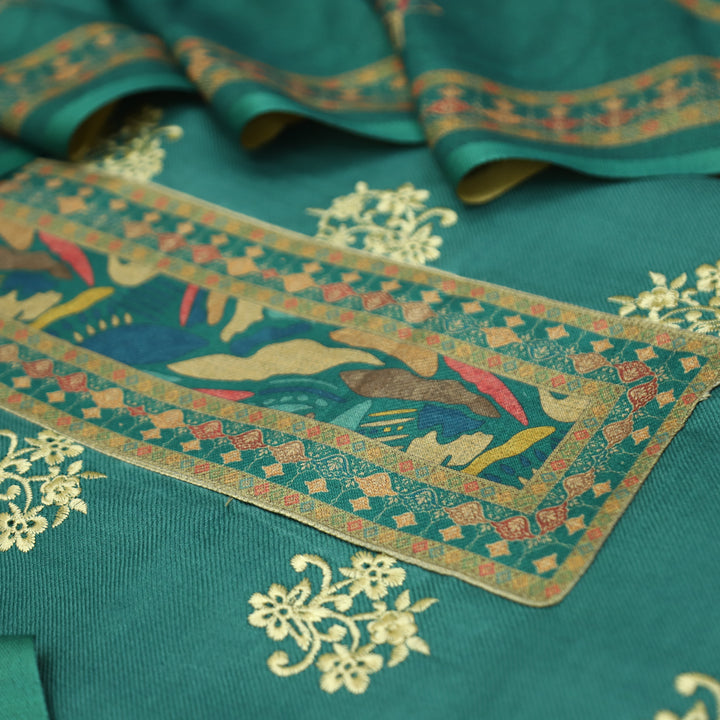 Anuja Cerulean Teal Print Patch in Floral Embroidery Semi Pasmina Winter Set