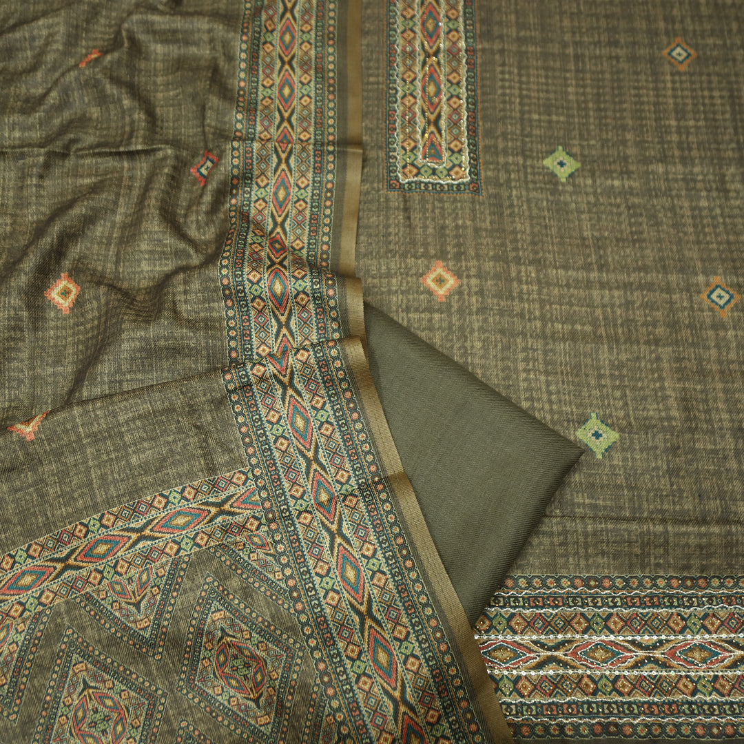 Rashavi Army Olive Digital Printed Hem Semi Pashmina Wintr Set