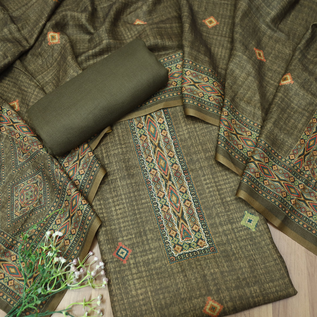 Rashavi Army Olive Digital Printed Hem Semi Pashmina Wintr Set