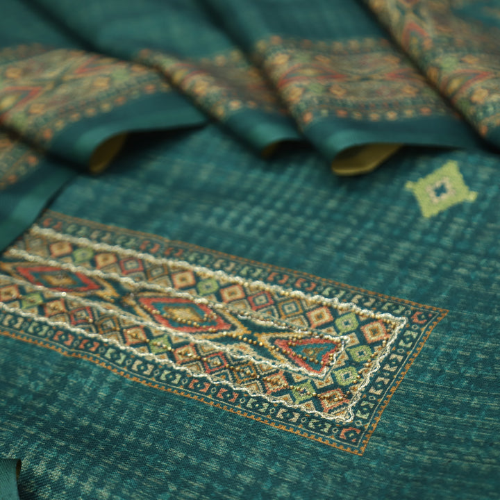 Rashavi Cerulean Teal Digital Printed Hem Semi Pashmina Winter Set