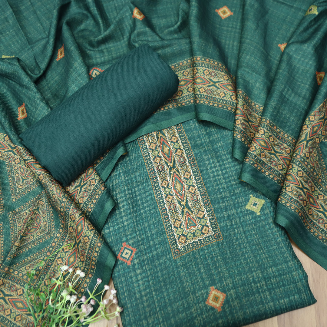 Rashavi Cerulean Teal Digital Printed Hem Semi Pashmina Winter Set