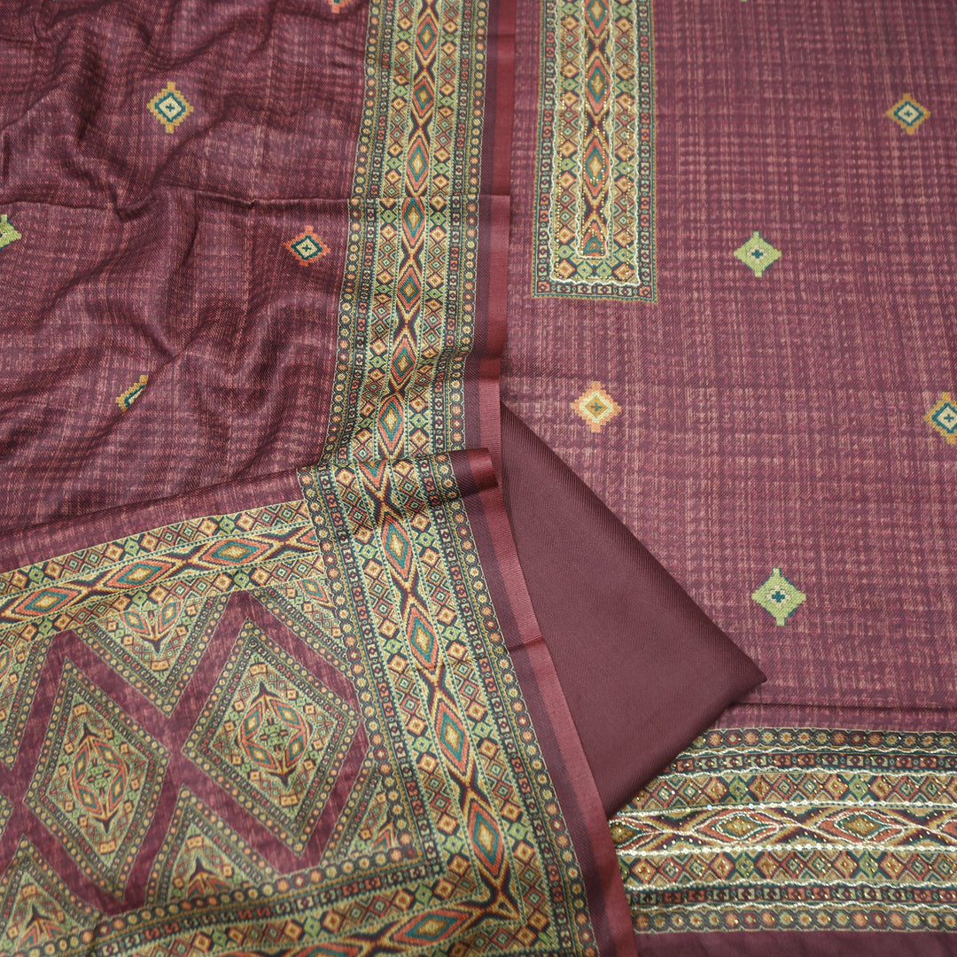 Rashavi Mulberry Mauve Digital Printed Hem Semi Pashmina Winter Set